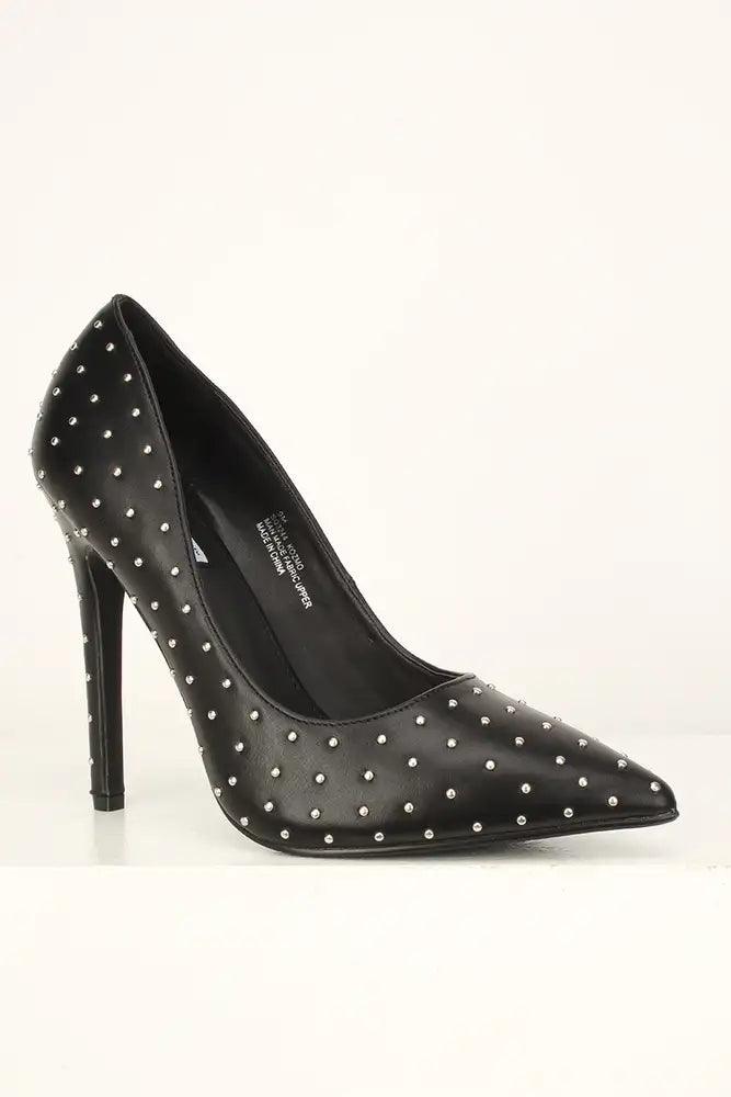 Sexy Black Studded Single Sole High Heels Pumps Faux Leather - AMIClubwear