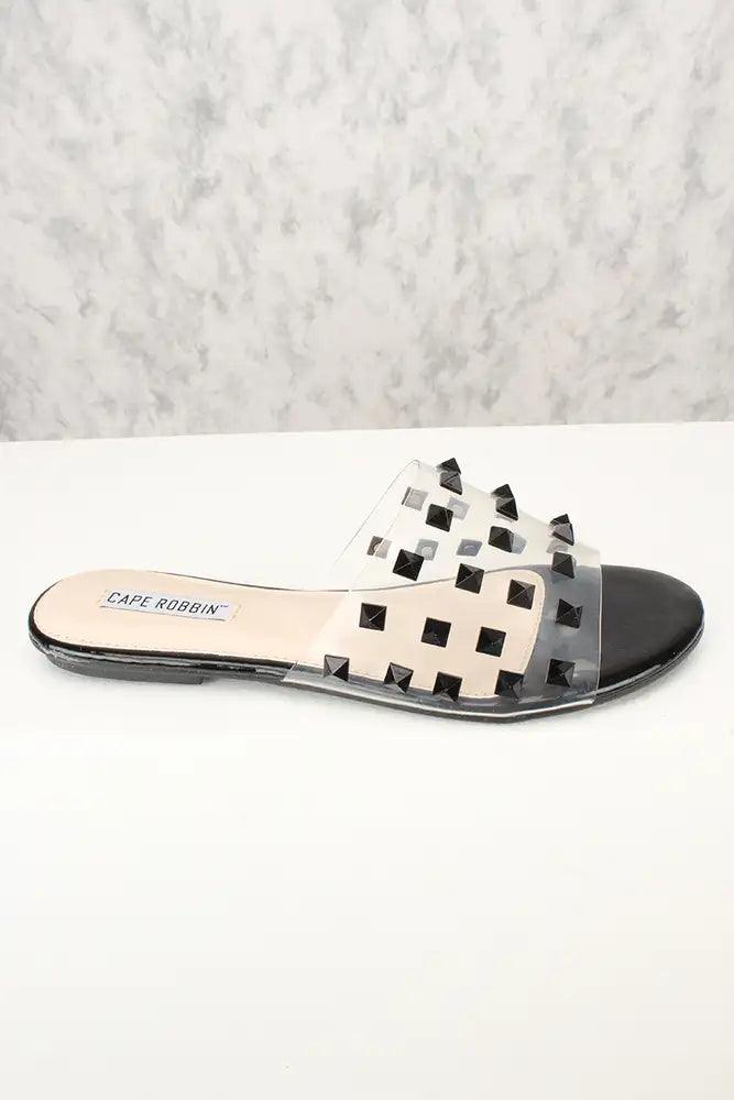 Sexy Black Studded Slip On Sandals Patent - AMIClubwear