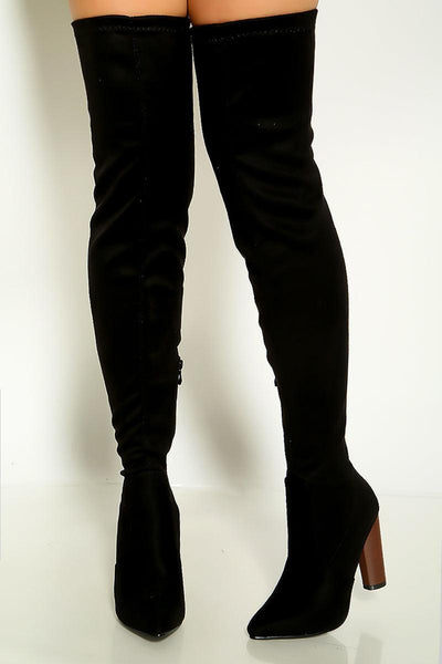 Sexy Black Suede Chunky Brown Heel Thigh High Boots - AMIClubwear