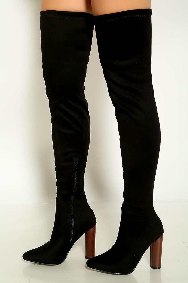 Sexy Black Suede Chunky Brown Heel Thigh High Boots - AMIClubwear
