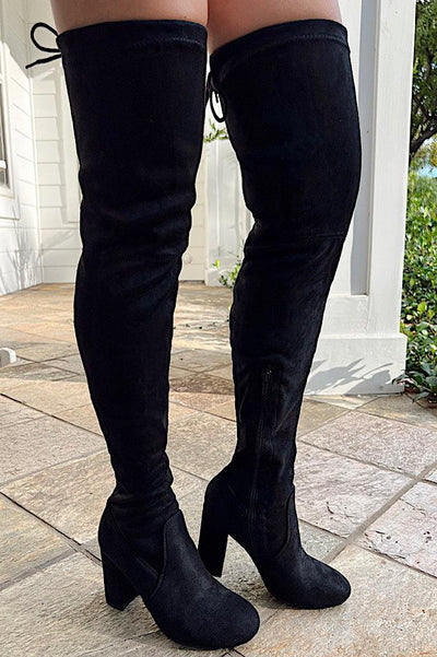 Sexy Black Suede Chunky Heel Thigh High Boots - AMIClubwear