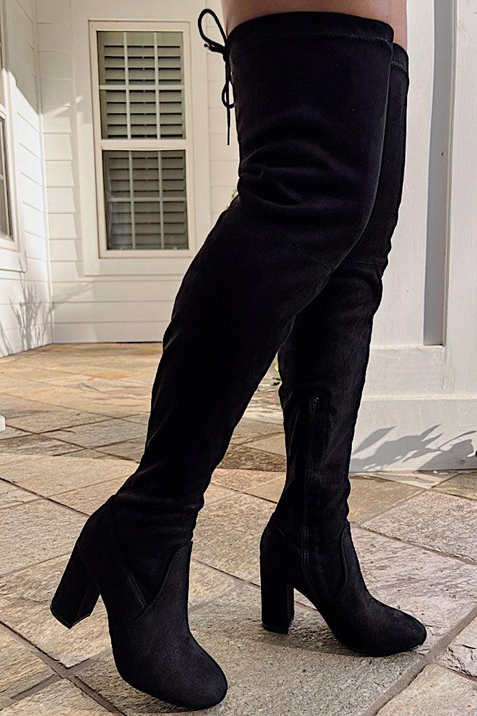 Sexy Black Suede Chunky Heel Thigh High Boots - AMIClubwear