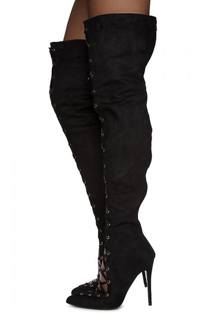 Sexy Black Suede Lace Up Pointy Toe Thigh High Boots - AMIClubwear