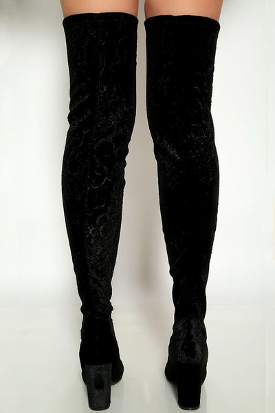 Sexy Black Thigh High Chunky Heel Over The Knee Boots Velvet - AMIClubwear