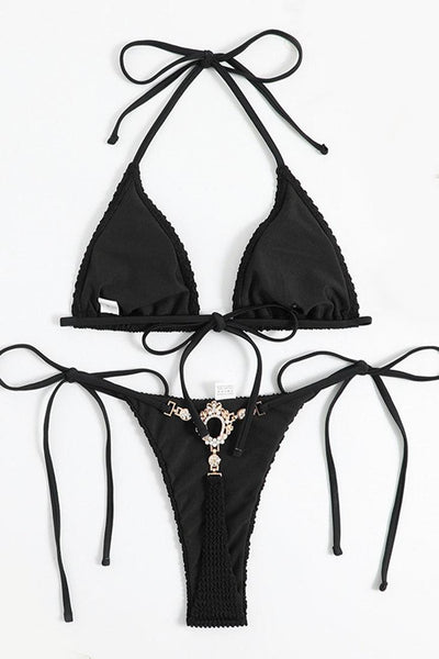 Sexy Black Thong Bikini With Rhinestone Detail - AMIClubwear