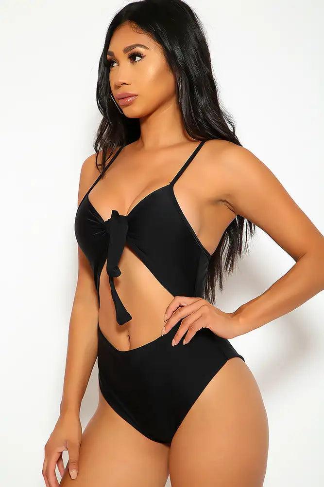 Sexy Black Tie Knot Strappy Cheeky One Piece Swimsuit - AMIClubwear