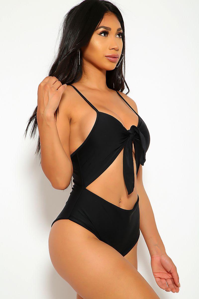 Sexy Black Tie Knot Strappy Cheeky One Piece Swimsuit - AMIClubwear