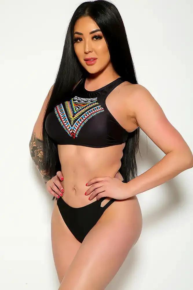 Sexy Black Tribal Print Strappy Two Piece Swimsuit