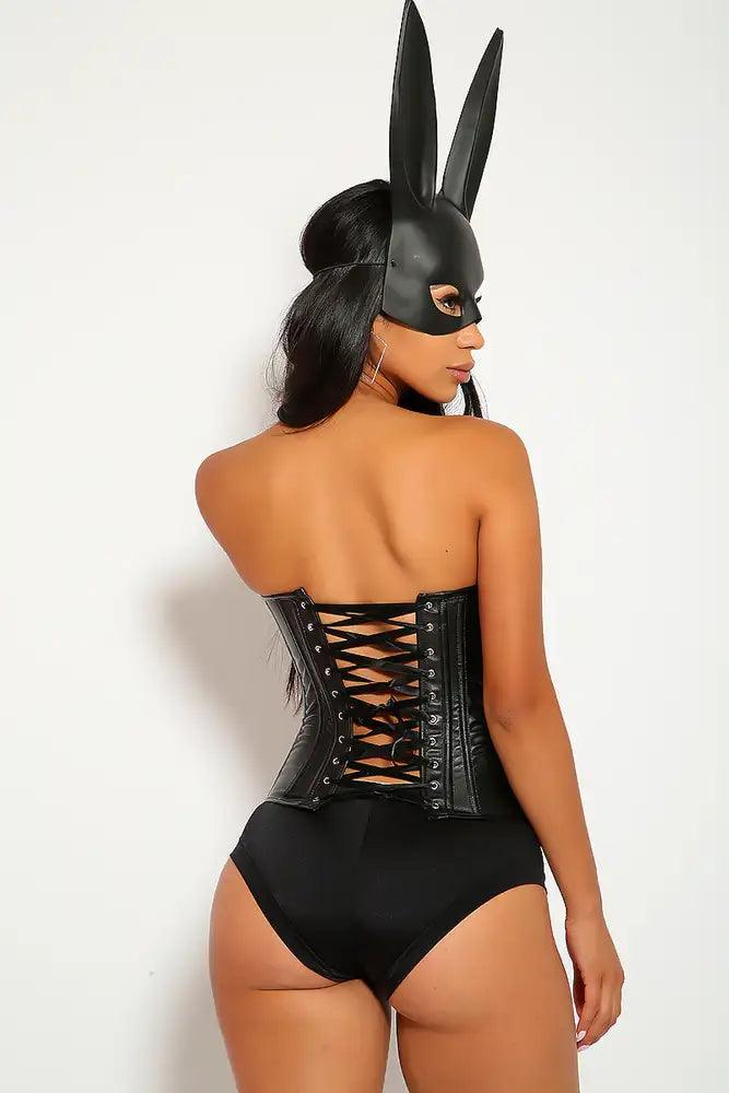 Sexy Black Two Piece Faux Leather Zipper Lace Up Corset Costume - AMIClubwear