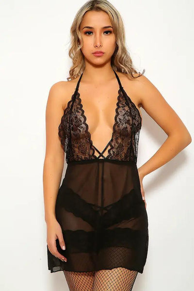 Sexy Black Two Piece Lace Mesh Baby Doll Set - AMIClubwear