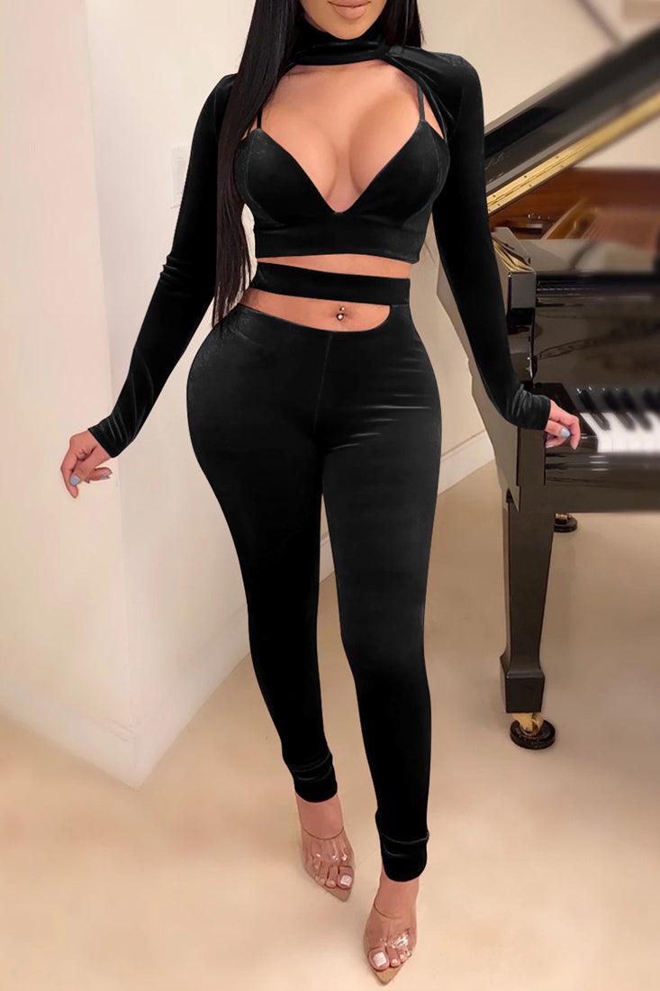 Sexy Black Two Piece Long Sleeve Pants Outfit - AMIClubwear