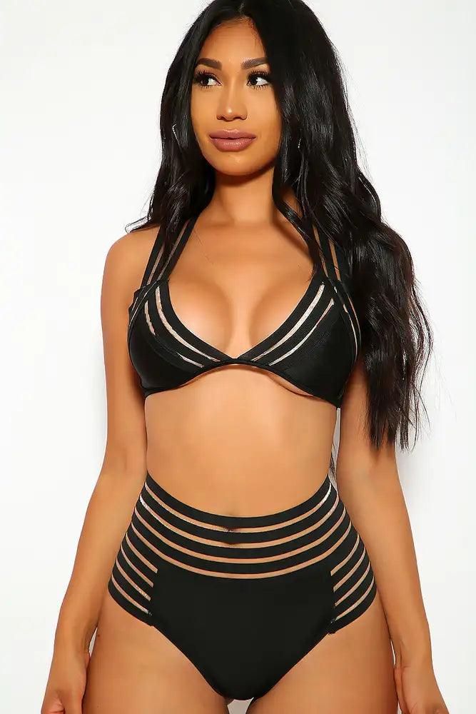 Sexy Black Two Piece Mesh Panel Swimsuit - AMIClubwear