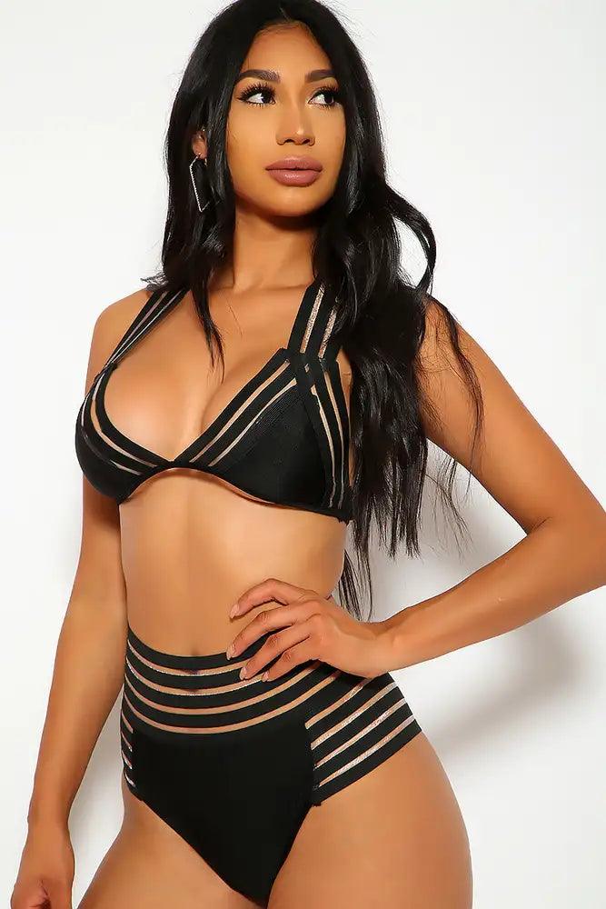 Sexy Black Two Piece Mesh Panel Swimsuit - AMIClubwear
