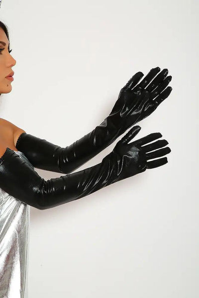 Sexy Black Upper Arm Length Faux Leather Costume Gloves - AMIClubwear