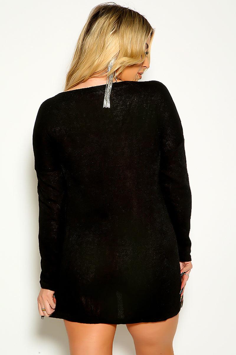 Sexy Black V-Neck Long Sleeve Mini Sweater Dress - AMIClubwear