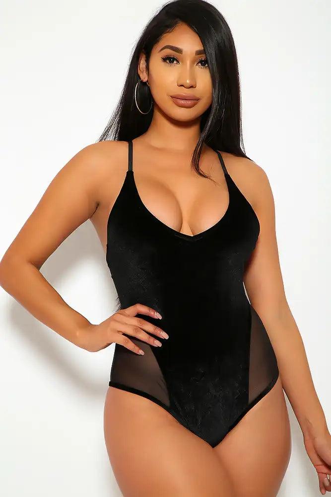 Sexy Black Velvet Mesh Padded One Piece Monokini - AMIClubwear