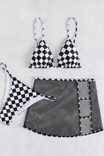 Sexy Black White Checkered Bikini With Black Netted Coverup Skirt - AMIClubwear