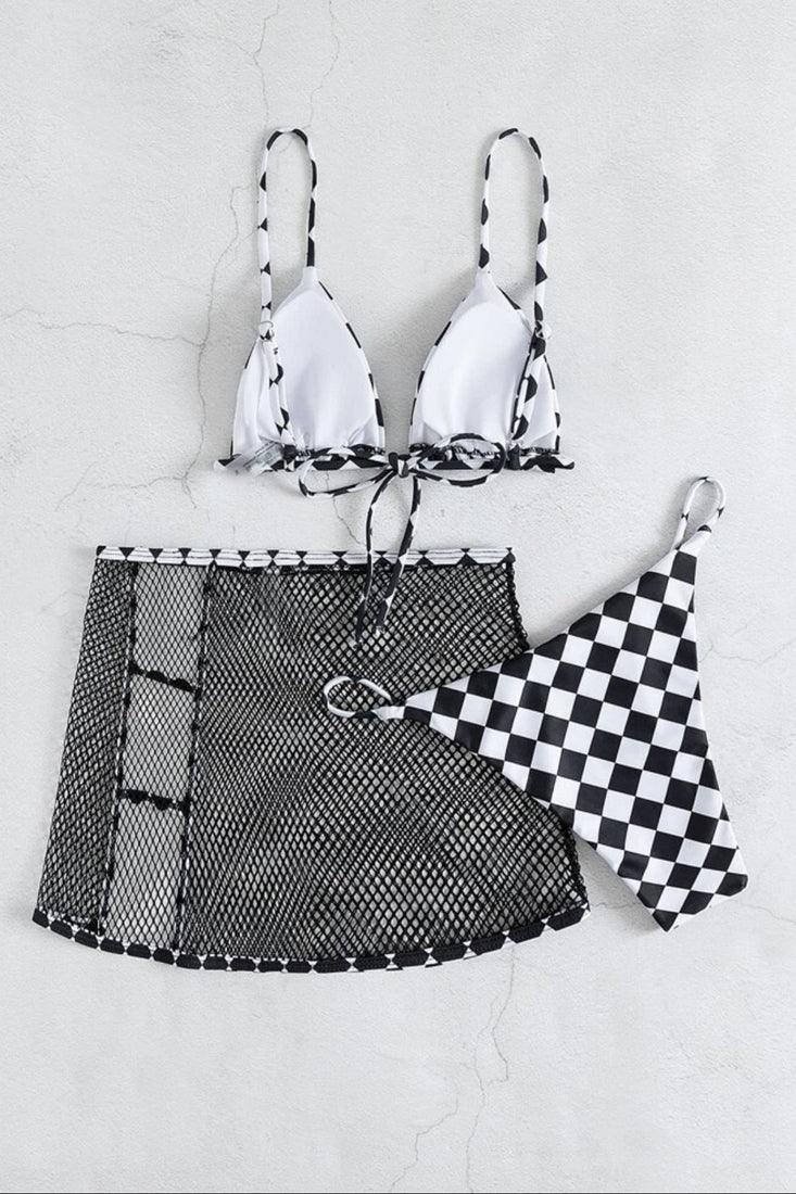 Sexy Black White Checkered Bikini With Black Netted Coverup Skirt - AMIClubwear