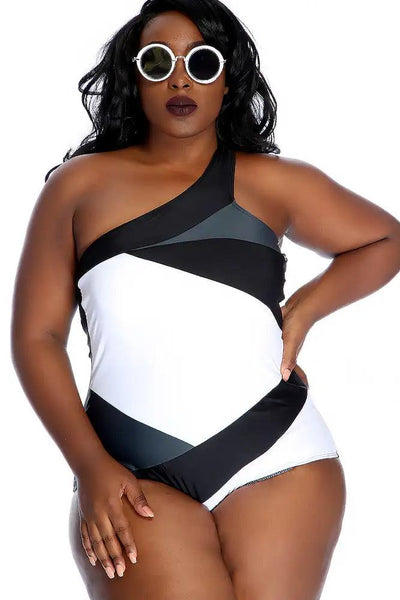 Sexy Black White Color Block One Shoulder Plus Size One Piece Bikini - AMIClubwear