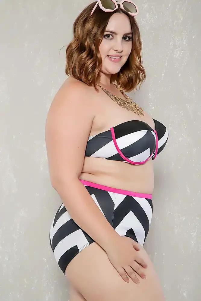 Sexy Black White Color Block Plus Size Two Piece High Waist Swim
