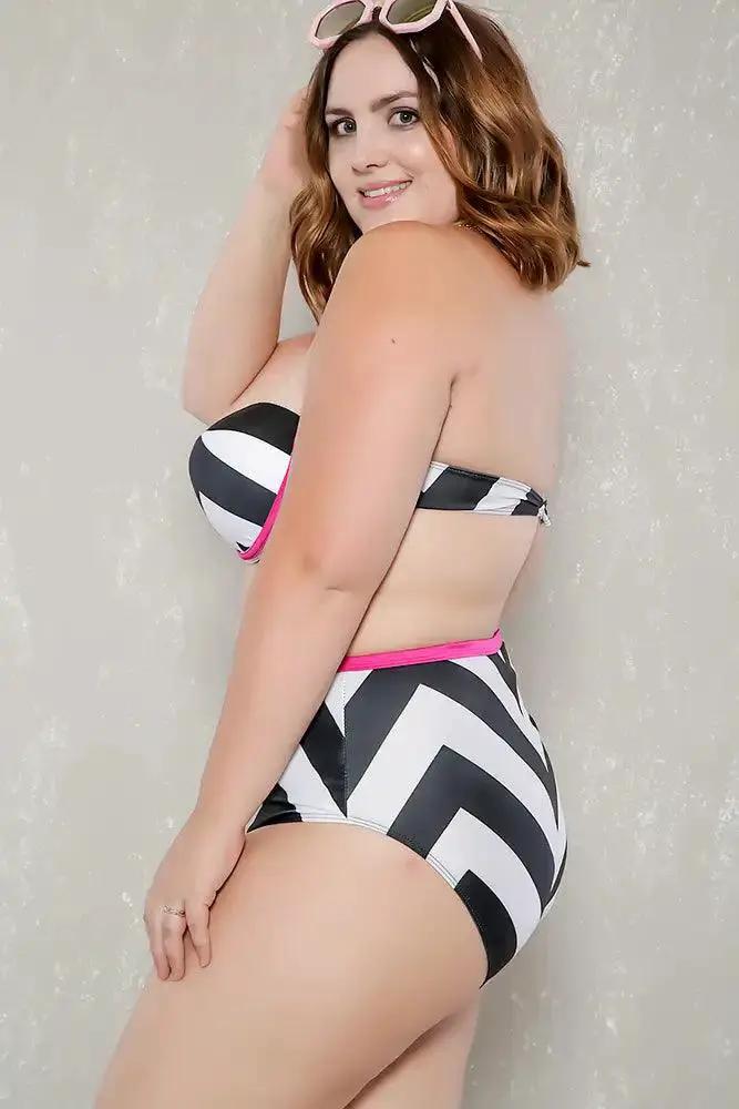 Sexy Black White Color Block Plus Size Two Piece High Waist Swim