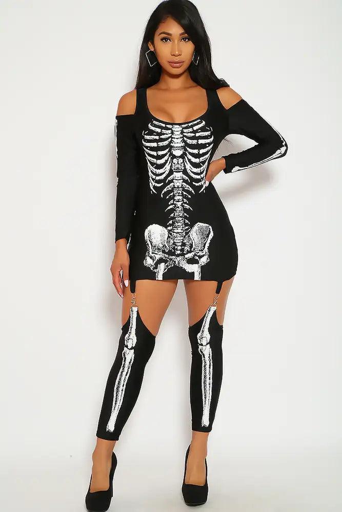 Sexy Black White Costume One Piece Dress Attached Garter Straps Leg Warmers Skeleton Print Fitted - AMIClubwear