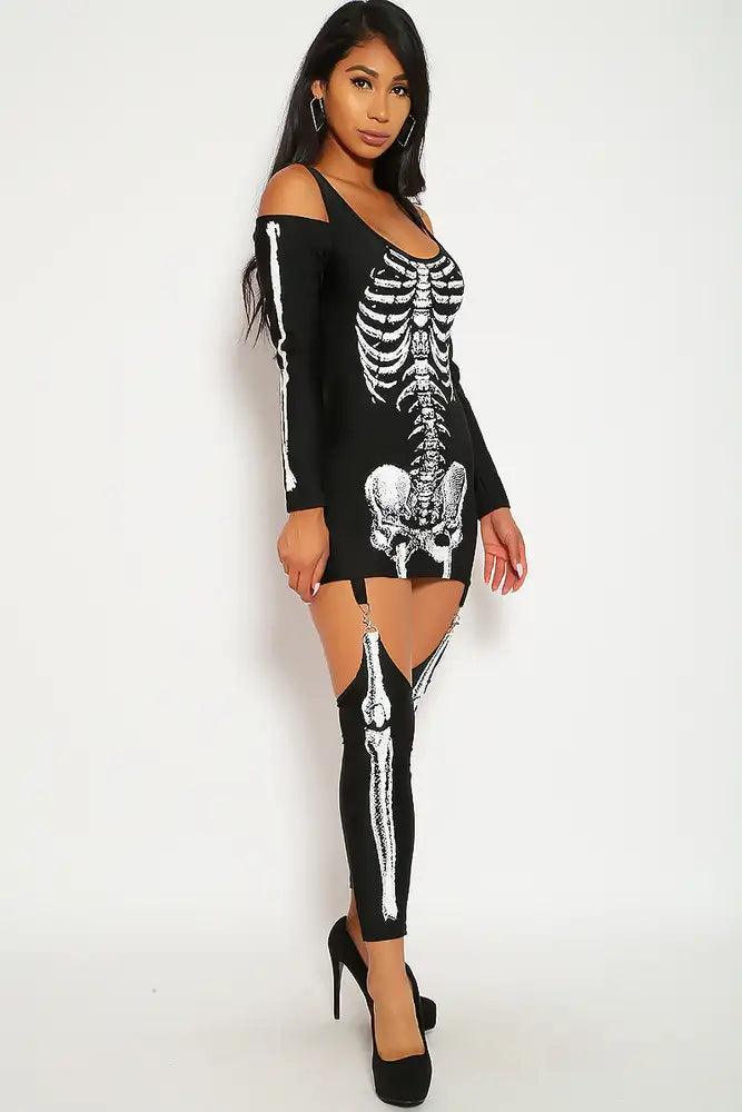 Sexy Black White Costume One Piece Dress Attached Garter Straps Leg Warmers Skeleton Print Fitted - AMIClubwear