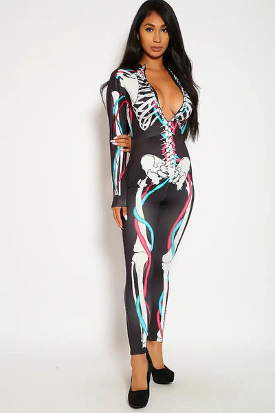 Sexy Black White Costume One Piece Jumpsuit Plunged Neck Front Zip Up Skeleton Print Fitted - AMIClubwear