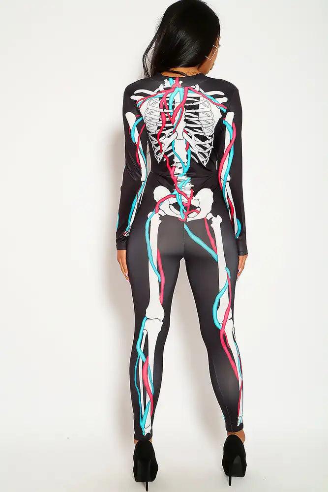 Sexy Black White Costume One Piece Jumpsuit Plunged Neck Front Zip Up Skeleton Print Fitted - AMIClubwear