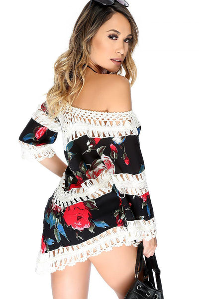 Sexy Black White Floral Print Embroider Crochet Detail Swimsuit Cover Up - AMIClubwear