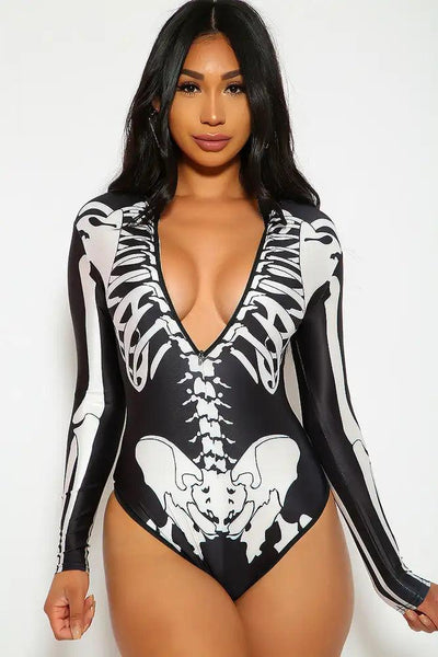 Sexy Black White Long Sleeves Skeleton Print One Piece Swimsuit - AMIClubwear