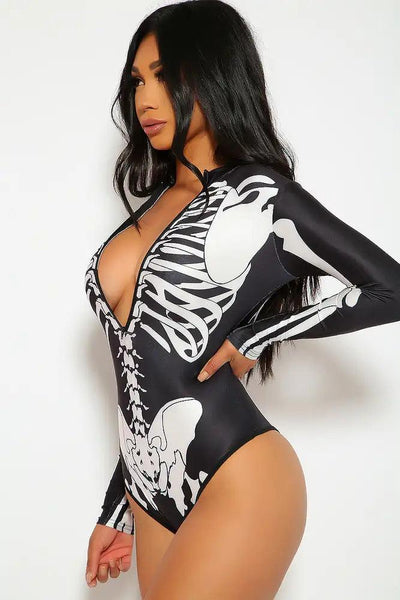 Sexy Black White Long Sleeves Skeleton Print One Piece Swimsuit - AMIClubwear