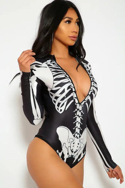 Sexy Black White Long Sleeves Skeleton Print One Piece Swimsuit - AMIClubwear