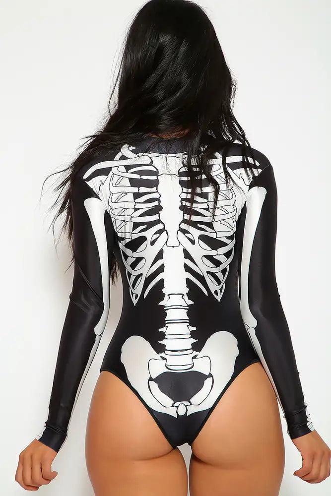 Sexy Black White Long Sleeves Skeleton Print One Piece Swimsuit - AMIClubwear