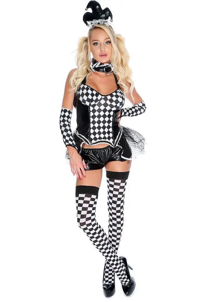 Sexy Black White One Piece Costume Halter Mesh Bottom Black Shorts Choker Gloves Fitted - AMIClubwear