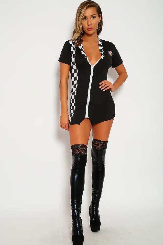 Sexy Black White One Piece Racer Costume Dress - AMIClubwear