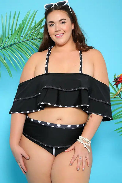 Sexy Black White Over Layer Polka Dots Plus Size Two Piece Swimsuit - AMIClubwear