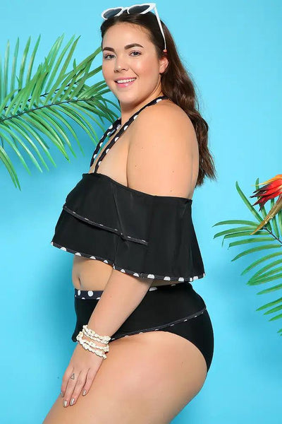 Sexy Black White Over Layer Polka Dots Plus Size Two Piece Swimsuit - AMIClubwear