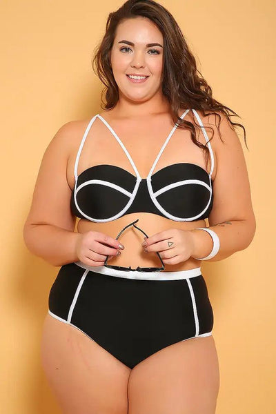 Sexy Black White Padded Bandeau High Waist Plus Size Two Piece Swimsuit - AMIClubwear