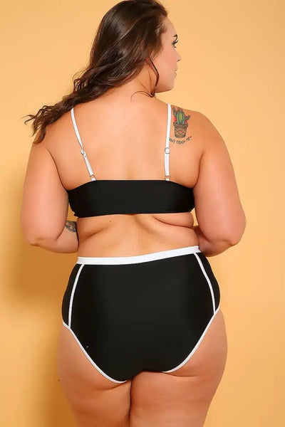 Sexy Black White Padded Bandeau High Waist Plus Size Two Piece Swimsuit - AMIClubwear