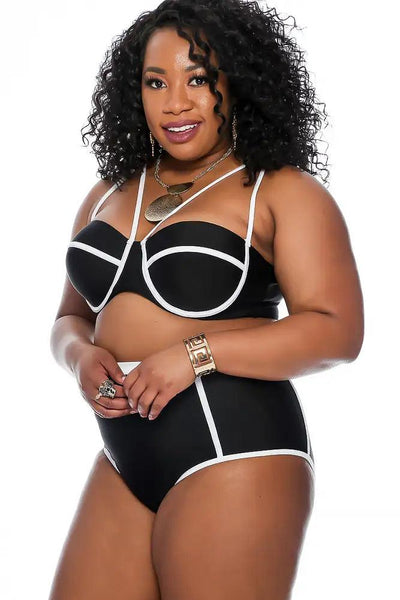 Sexy Black White Padded Strappy High Waist Plus Size Two Piece Swimsuit - AMIClubwear