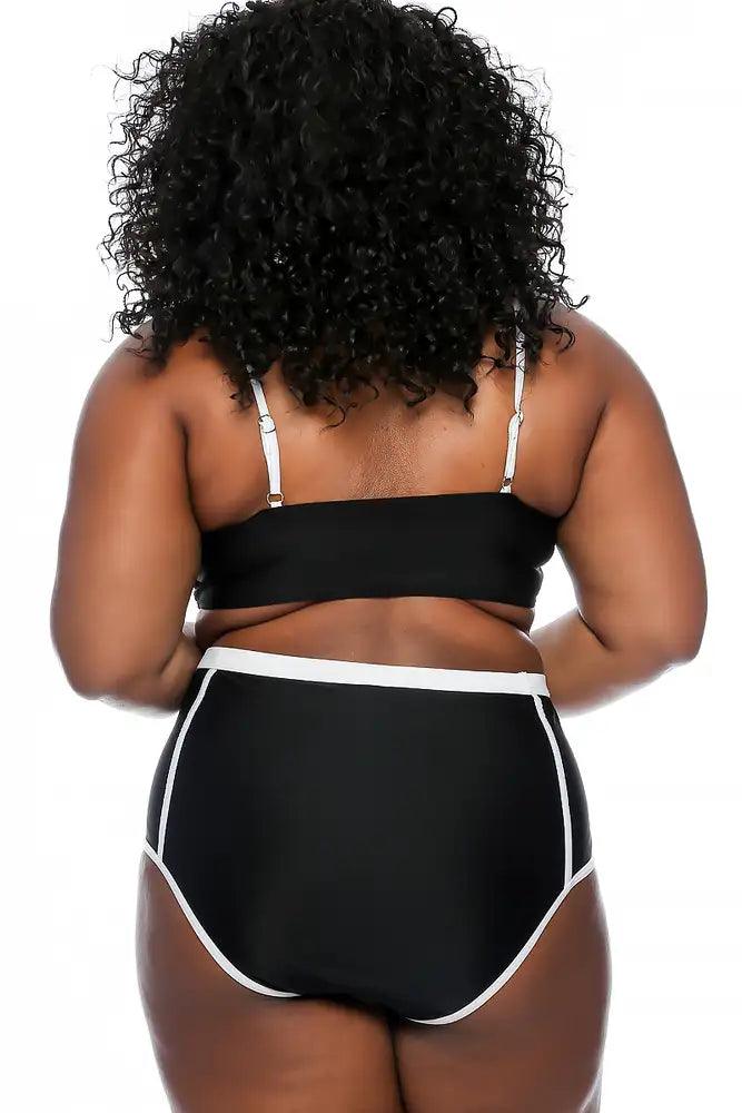 Sexy Black White Padded Strappy High Waist Plus Size Two Piece Swimsuit - AMIClubwear