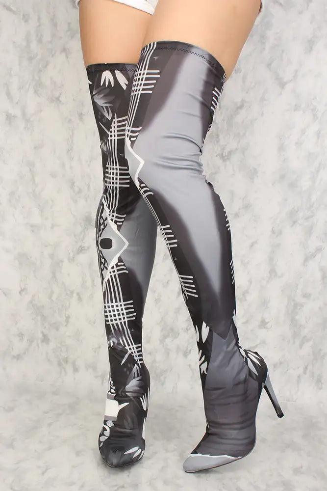 Sexy Black White Printed Pointy Toe Thigh High Heel Boots - AMIClubwear
