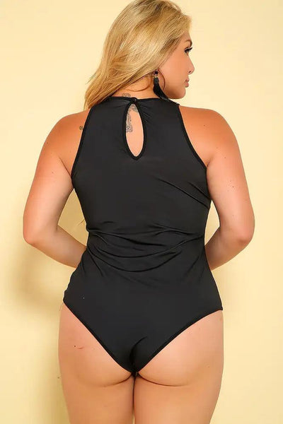 Sexy Black White Printed Sleeveless Round Collar One Piece Swimsuit - AMIClubwear