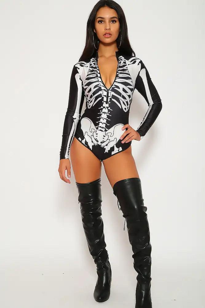 Sexy Black White Skeleton Bodysuit Zipper Costume - AMIClubwear