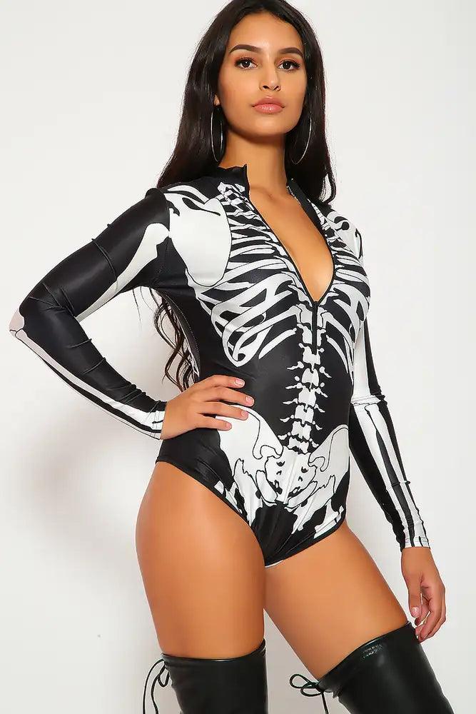 Sexy Black White Skeleton Bodysuit Zipper Costume - AMIClubwear