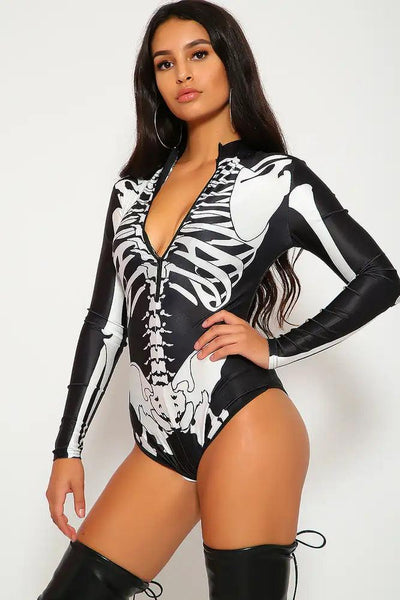 Sexy Black White Skeleton Bodysuit Zipper Costume - AMIClubwear