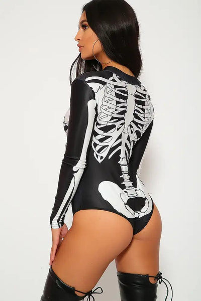 Sexy Black White Skeleton Bodysuit Zipper Costume - AMIClubwear