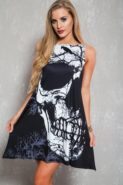 Sexy Black White Skull Print Sleeveless Flowy Dress - AMIClubwear