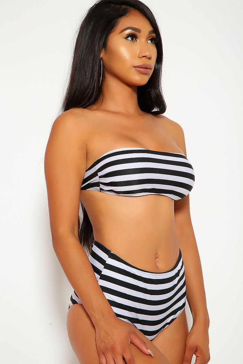 Sexy Black White Stripe Bandeau High Waist Two Piece Swimsuit - AMIClubwear